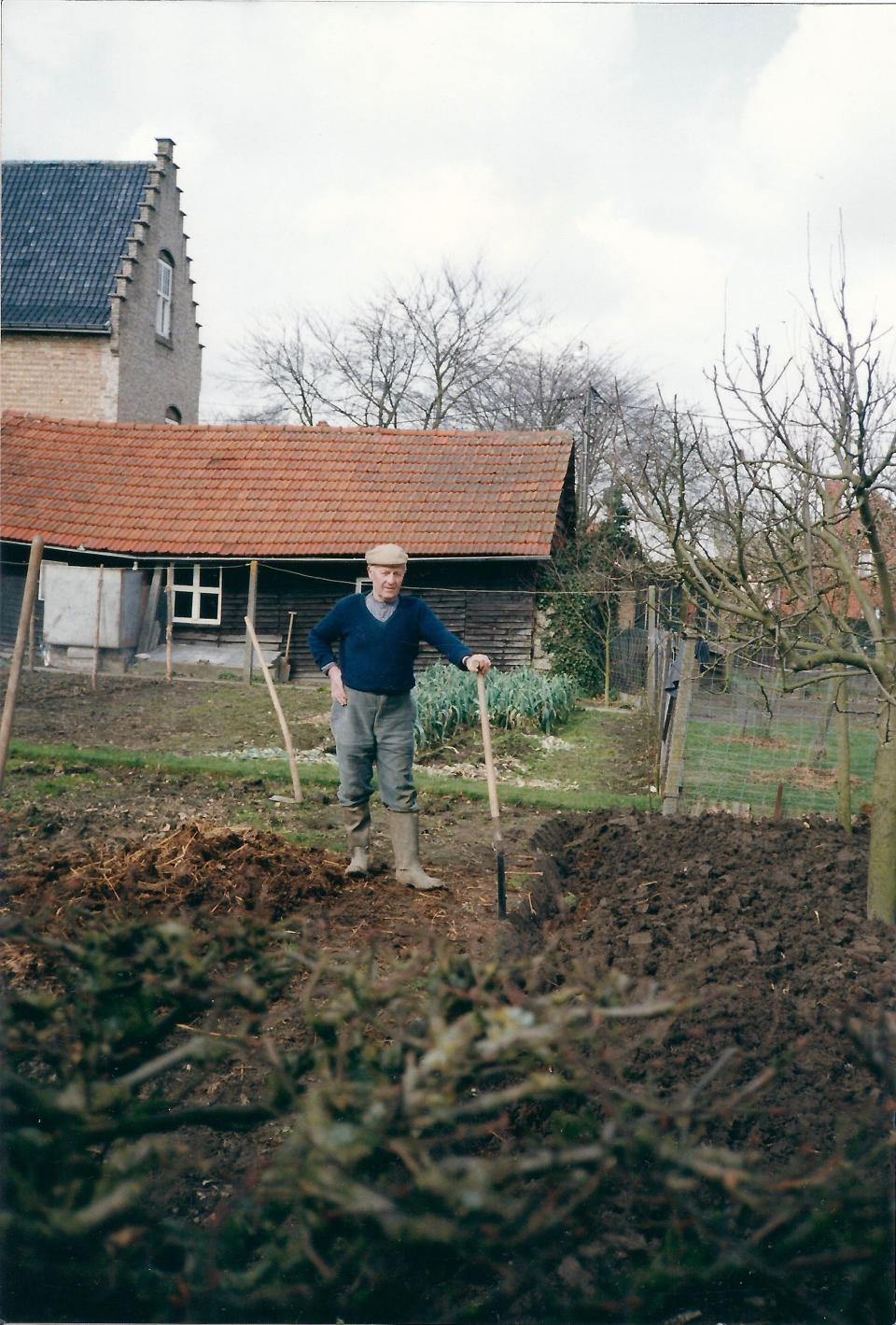 Een man spit in een moestuin